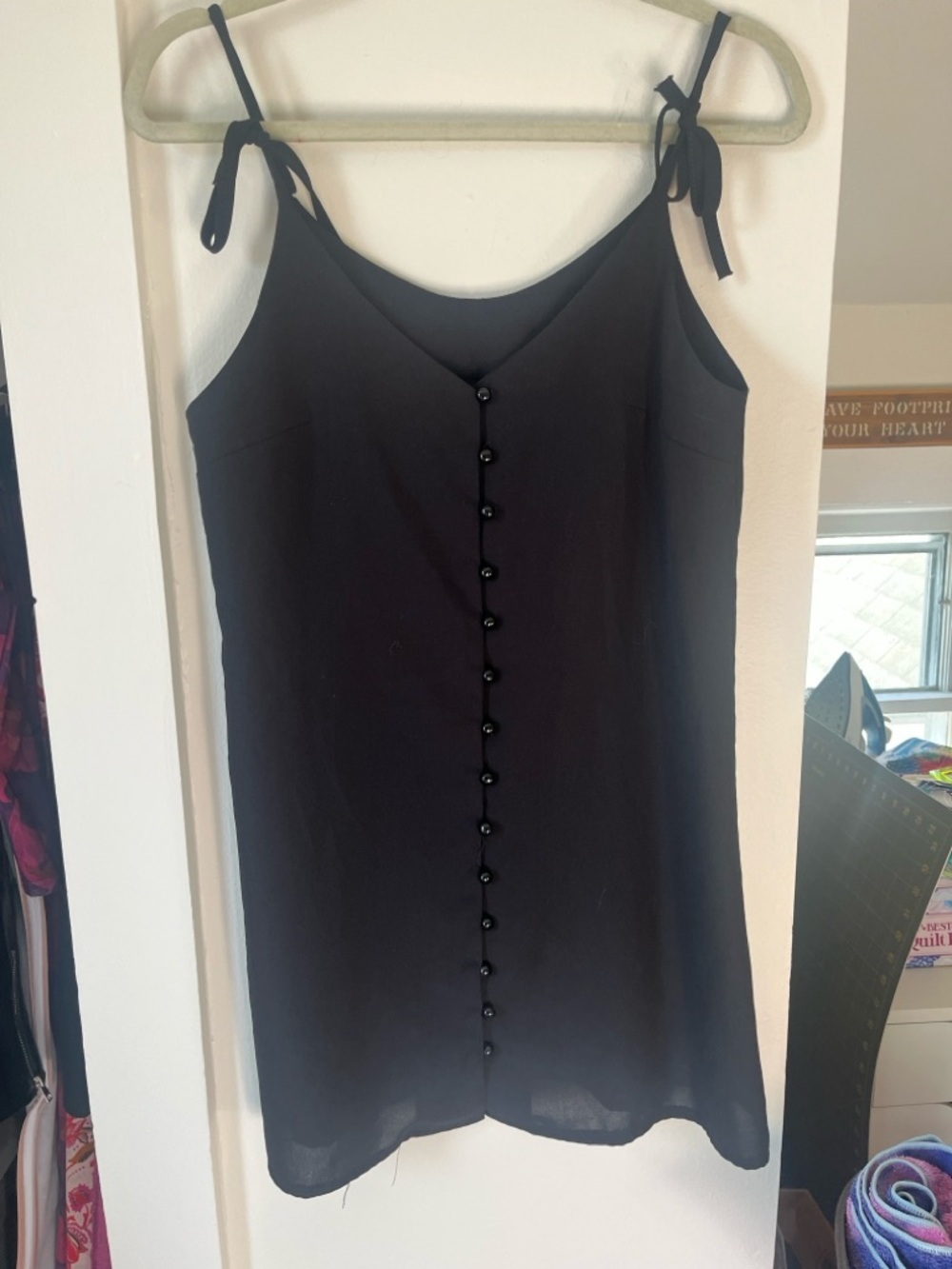 Black Tie-Shoulder Button Front Slip Dress